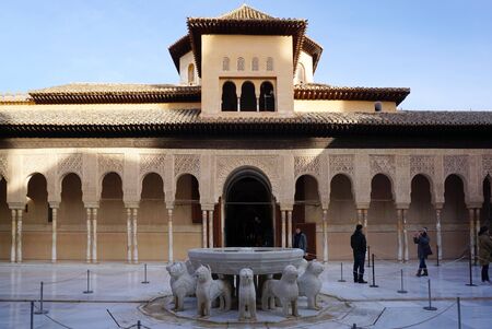 Granada, Spain - 9 December,2015 : Beautiful ancient marble sculpture - Fountain of Lions at Court of the Lions in Alhumbra on 9 December 2015 in Granada, Spainのeditorial素材