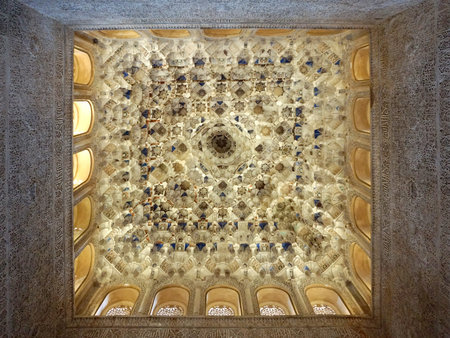 Granada, Spain - 9 December,2015 : Beautiful muslim pattern and decoration at the ceiling in Alhumbra on 9 December 2015 in Granada, Spainのeditorial素材