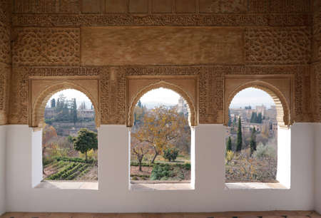 Granada, Spain - 9 December,2015 : Beautiful window with muslim art and pattern decoration in Alhumbra on 9 December 2015 in Granada, Spainのeditorial素材
