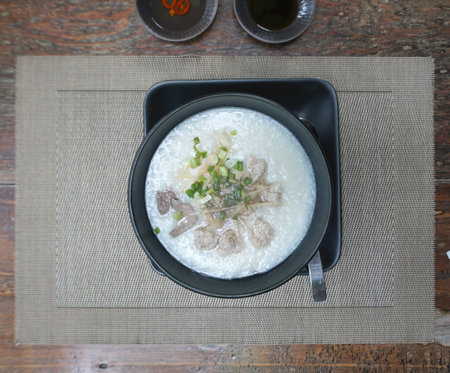 rice porridge with pork serving for Asian breakfastの写真素材