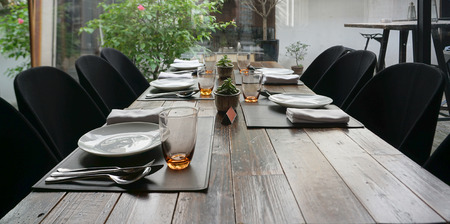 Dining set on the timber tableの写真素材