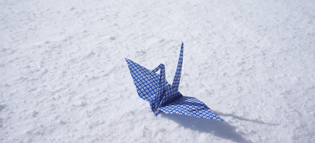 Blue dotted pattern origami paper crane on white snow floorの写真素材