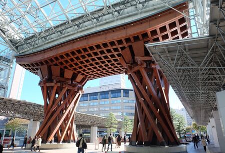 Kanazawa, Japan - 2 November,2016 : Beautiful the red-colored Tsuzumi Gate outside the Kanazawa Station concourse in Japan on 2 November 2016 in Kanazawa, Japanのeditorial素材