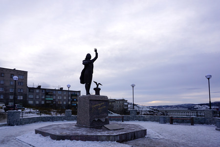 Murmansk, Russia - 3 November,2017 : Monument to Waiting Woman  with sky background in Murmansk on 3 November 2017  in Murmansk, Russiaのeditorial素材