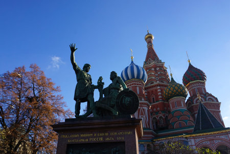 Moscow, Russia - 8 November,2017 : Bronze statue dedicated to military leaders of Monument to Minin...