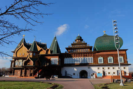 Moscow, Russia - 9 November,2017 : The best masterpieces of Russian wooden structure of Palace of Tsar Alexey Mikhailovich in Kolomenskoye on sunny day on 9 November 2017  in Moscow, Russiaのeditorial素材