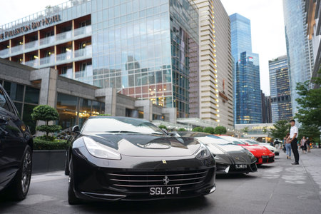 Singapore, Singapore - 29 June,2018 : Several super cars display on the roadside near Fullerton bay...