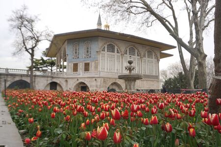 Istanbul, Turkey - 13 April ,2019 : Beautiful red color tulip garden in front of Bagdat Pavilion of the TopkapÄ± Palace on 13 April ,2019 in Istanbul, Turkeyのeditorial素材