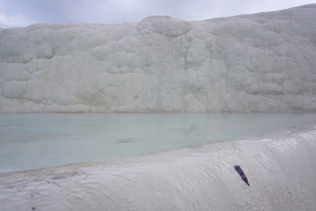 Close up detail of the beautiful white Travertines terrace of Pamukkale landscapeの写真素材