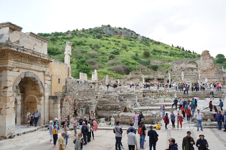 Selcuk, Turkey - 15 April ,2019 : Tourist walking around the Ancient Greek and Roman ruins in Ephesus the famous landmark in Turkey on 15 April ,2019 in Selcuk, Turkeyのeditorial素材