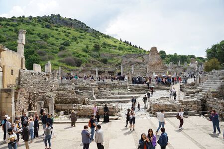 Selcuk, Turkey - 15 April ,2019 : Tourist walking around the Ancient Greek and Roman ruins in Ephesus the famous landmark in Turkey on 15 April ,2019 in Selcuk, Turkeyのeditorial素材