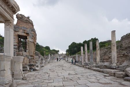 Selcuk, Turkey - 15 April ,2019 : Tourist walking around the Ancient Greek and Roman ruins in Ephesus the famous landmark in Turkey on 15 April ,2019 in Selcuk, Turkeyのeditorial素材