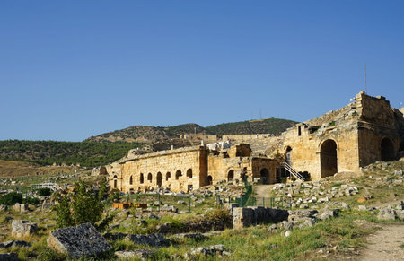 Denizli , Turkey - 28 July , 2019 : Beautiful Roman ancient ruins of hierapolis Pamukkale with...