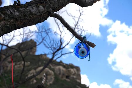 Turkey blue evil eye charm hanging on the tree with blue sky and Goreme landscape background                          の写真素材