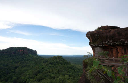 Beautiful mountain landscape with red stone cliff of Phu Thok the famous tourist attraction of Bueng Kan province, Thailandの写真素材