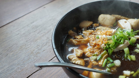 Traditional pork ball and Vietnamese Pork Sausage vermicelli  noodle soup Thai north eastern style...