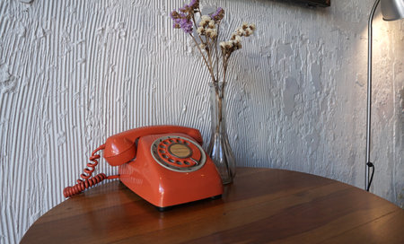Orange vintage analog hand dial telephone with dry violet flower with clear vase on timber table with texture paint background.の写真素材