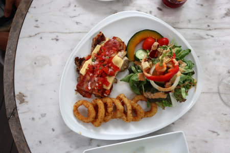 Grilled chicken  with cheese and totato salsa on top serving with onion rings and fresh salad on white plateの写真素材