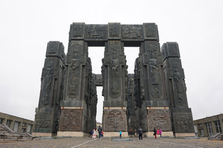 Tbilisi, Georgia â 15 October,2021 : Beautiful gigantic bas relief art structure of the Chronical of Georgia on the rainy day â 15 October,2022 in Tbilisi , Georgiaのeditorial素材
