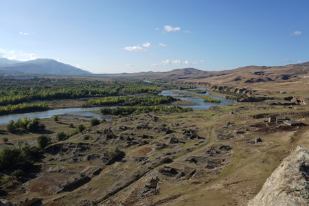 Beautiful landscape from Uplistsikhe cave town fortress to the river Mtkvari in Gori, Georgiaの写真素材