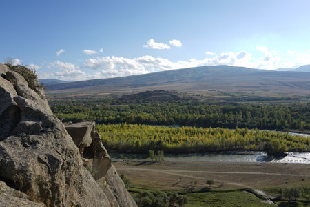 Beautiful landscape from Uplistsikhe cave town fortress to the river Mtkvari in Gori, Georgiaの写真素材