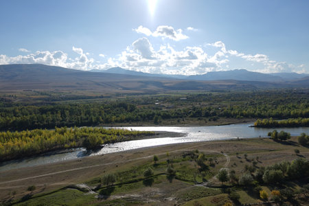 Beautiful landscape from Uplistsikhe cave town fortress to the river Mtkvari in Gori, Georgiaの写真素材