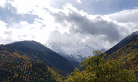 Beautiful autumn mountain landscape of the Caucasus mountain range in Mestia, Georgia.の写真素材