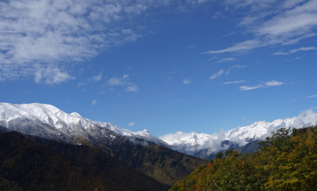 Beautiful autumn mountain landscape of the Caucasus mountain range in Mestia, Georgia.の写真素材