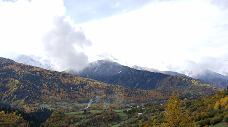 Beautiful autumn mountain landscape of the Caucasus mountain range in Mestia, Georgia.の写真素材