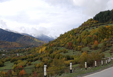 Beautiful autumn mountain landscape of the Caucasus mountain range in Mestia, Georgia.の写真素材