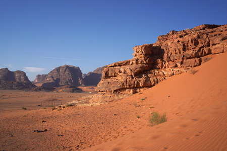 Beautiful orange sands dune of Wadi Rum desert the unique landscape of Jordenの写真素材