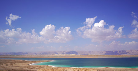 Beautiful landscape of the Dead sea taken from Jordan with Isreal mountain at the backgroundの写真素材