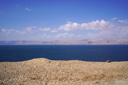 Beautiful landscape of the Dead sea taken from Jordan with Isreal mountain at the backgroundの写真素材