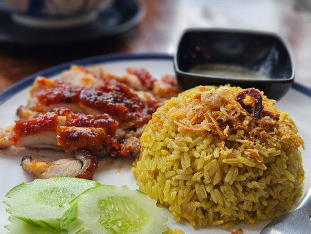 Thai southern style grilled chicken serving with biryani rice in Bangkok, Thailandの写真素材