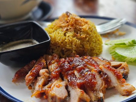 Thai southern style grilled chicken serving with biryani rice in Bangkok, Thailandの写真素材