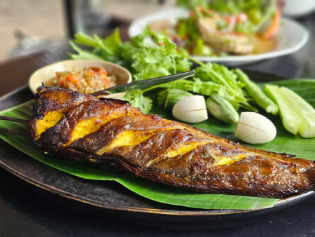 Grilled catfish Thai style serving with chili paste sauce and fresh vegetable on banana leavesの写真素材