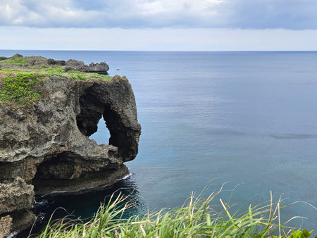 Beautiful elephant shape of Cape Manzamo the landmark spot of Okinawa island in Japanの写真素材