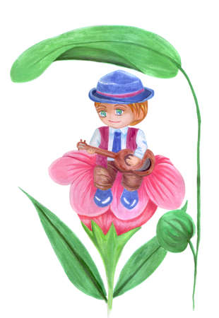 Elf is playing guitar, painted with water colorの写真素材