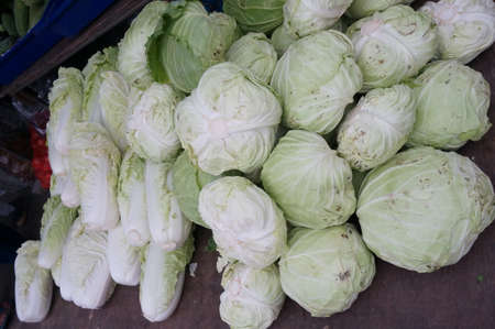 Close up of photo of very fresh green cabbages and chinese cabbages in grocery storeの写真素材