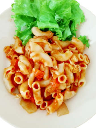 Thai Italian food mix, Stir fried macaroni with ketchupの写真素材