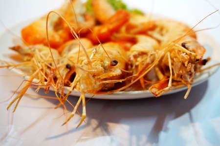 Grilled giant river prawns on white backgroundの写真素材