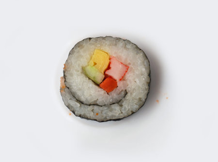 Japanese food, roll sushi with seaweed, crab and sweet egg roll isolated on white background.