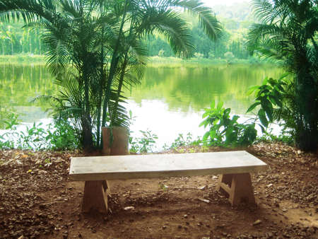 Landscape of a stone chair of relaxing corner in front of the natural pond in the forest の写真素材