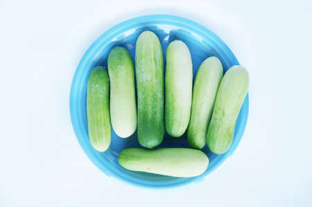 Close up of photo of very fresh green small cucumber on bue plate isolate on white backgroundの写真素材