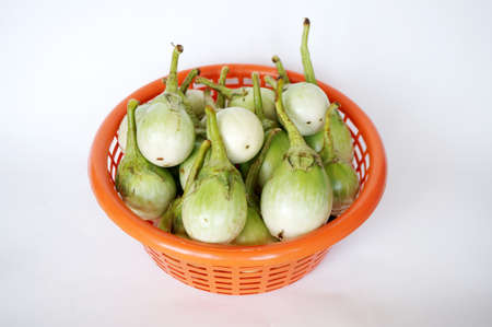Close up of photo of very fresh green Thai eggplant or Yellow berried nightshade  ( Solanum virginianum L. , Chionathus parkinonii of family SOLANACEAE ) in orange basket isolated on white backgroundの写真素材