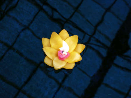 Colorful flower candle in yellow color floating on waterの写真素材