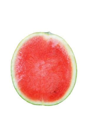 Closeup of flesh watermelon cut in half isolated on white backgroundの写真素材