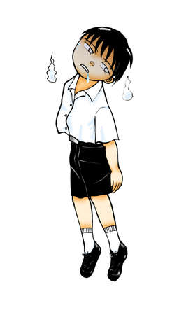 School boy clipart illustration - boy with the weary face lossing his strength running out his energy isolated on white backgroundの写真素材