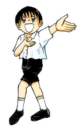 School boy clipart illustration - happy smiling boy standing and put his hands up, looking above isolated on white backgroundの写真素材
