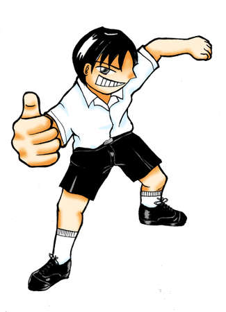 School boy clipart illustration - happy smiling boy standing with great spirit and thumb up isolated on white backgroundの写真素材
